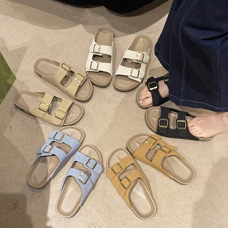 Women??s Solid Color Casual Sandals, Platform Slip On Double Adjustable Buckle Beach Slides, Casual Seaside Daily Footwear - Image 9