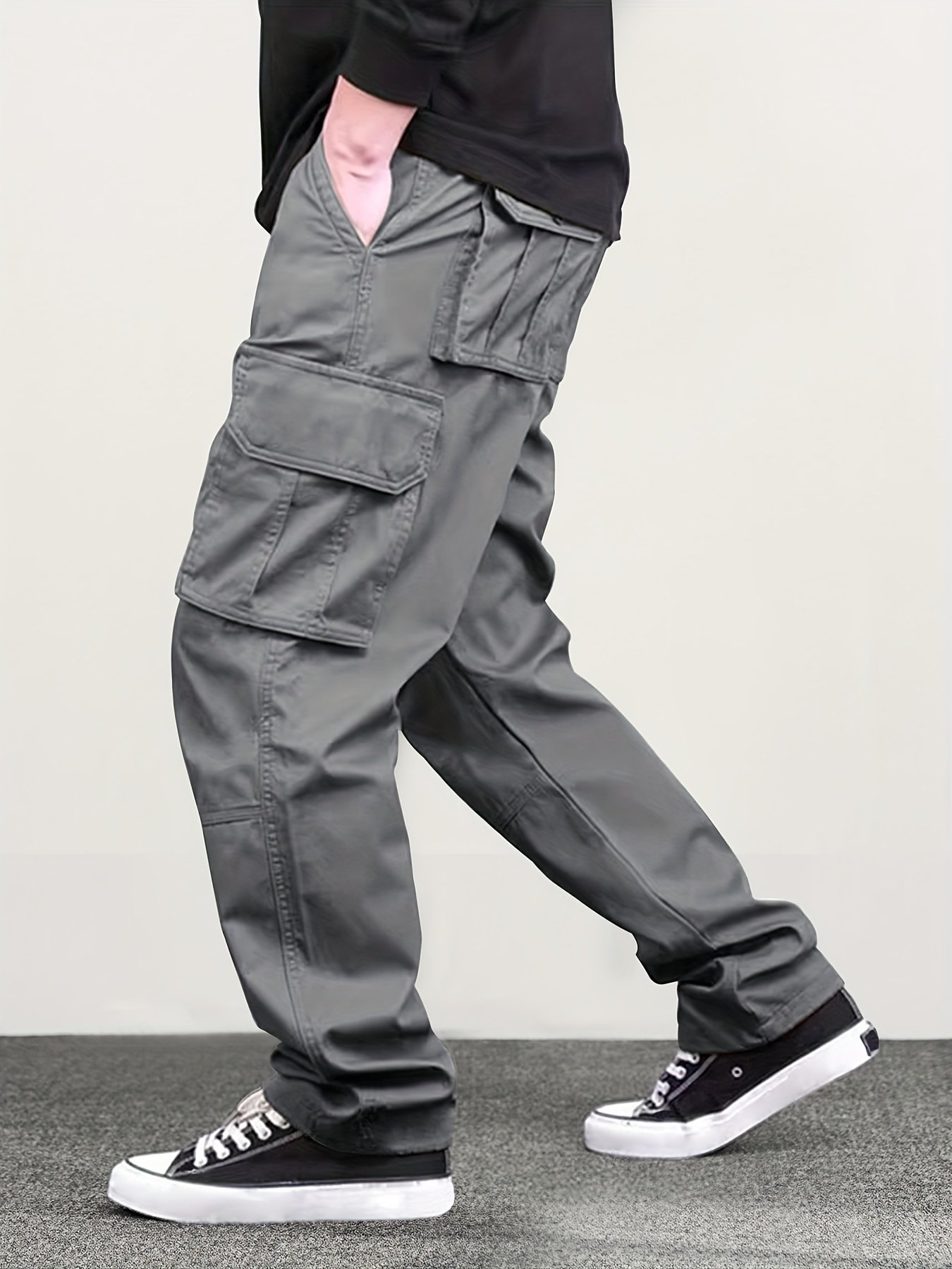 Men??s Classic Solid Color Cargo Pants with Multiple Flap Pockets, Straight-Leg, Drawstring Waist, Loose Fit for Hiking, Fishing, Streetwear, and Outdoor Camping Casual Style - Image 8