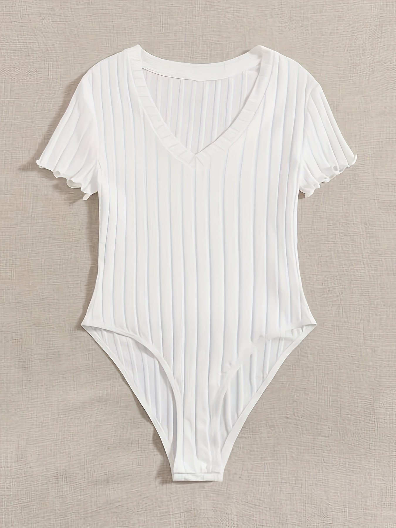 Solid V Neck Rib Knit Bodysuit, Casual Short Sleeve Basic Bodysuit, Women??s Clothing - Image 9