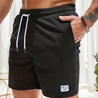 Men??s Label Patchwork Regular Fit Solid Shorts With Drawstring And Pockets, Casual And Chic Shorts For Summer Beach And Daily Leisurewear