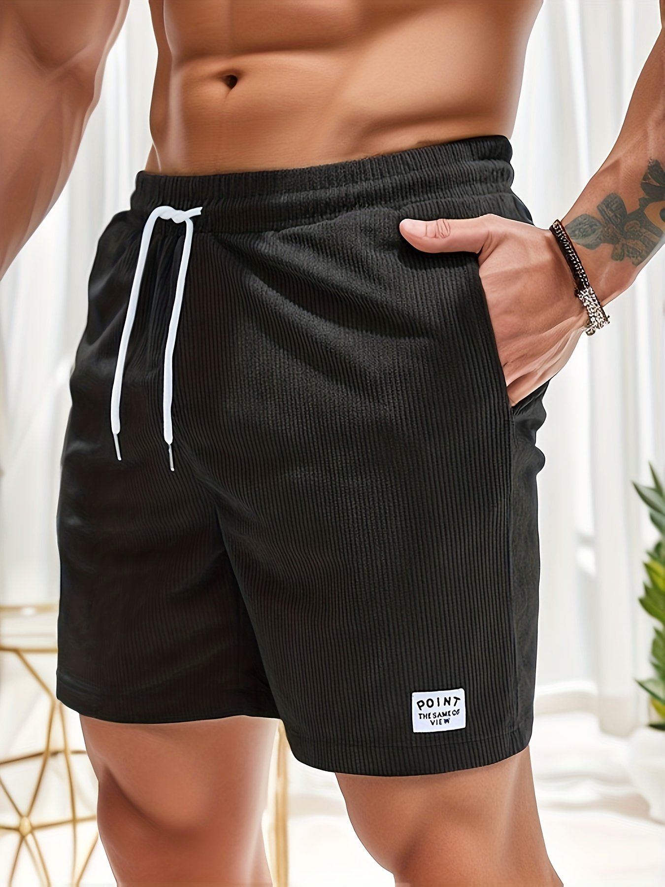 Men??s Label Patchwork Regular Fit Solid Shorts With Drawstring And Pockets, Casual And Chic Shorts For Summer Beach And Daily Leisurewear
