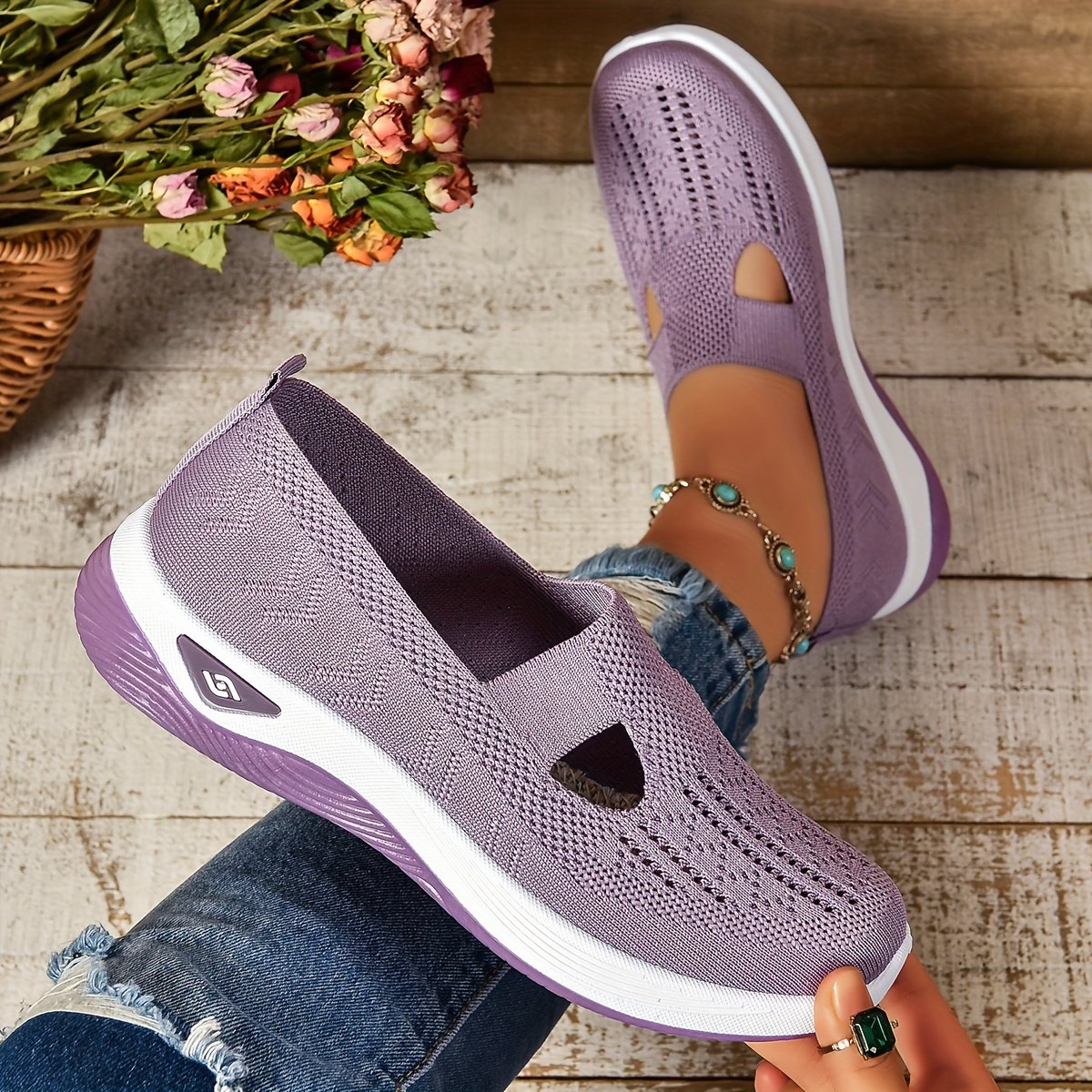 Women??s Cut-out Sneakers, Casual Breathable Slip On Walking Shoes, Lightweight Outdoor Flat Shoes - Image 7