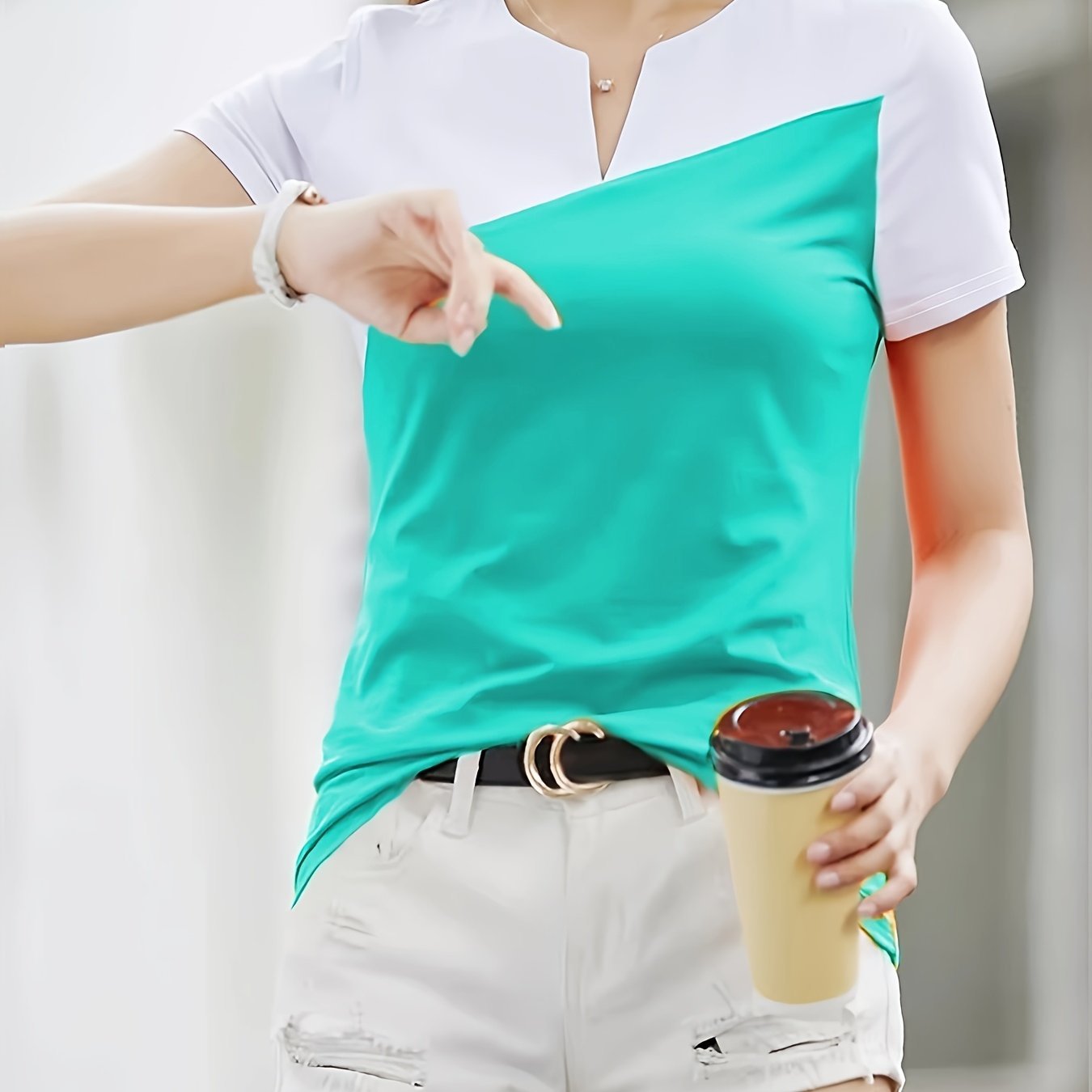 Color Block Notched Neck T-Shirt, Chic Short Sleeve T-Shirt For Spring & Summer, Women??s Clothing - Image 3