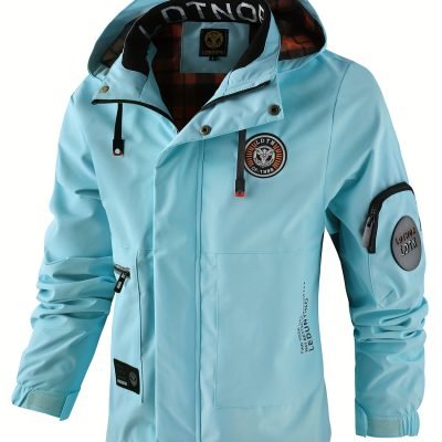 Multiple Pocket Design Men??s Embroidery Long Sleeve Zip Up Drawstring Hooded Jacket, Men??s Stand Collar Thin Jacket For Spring Outdoor