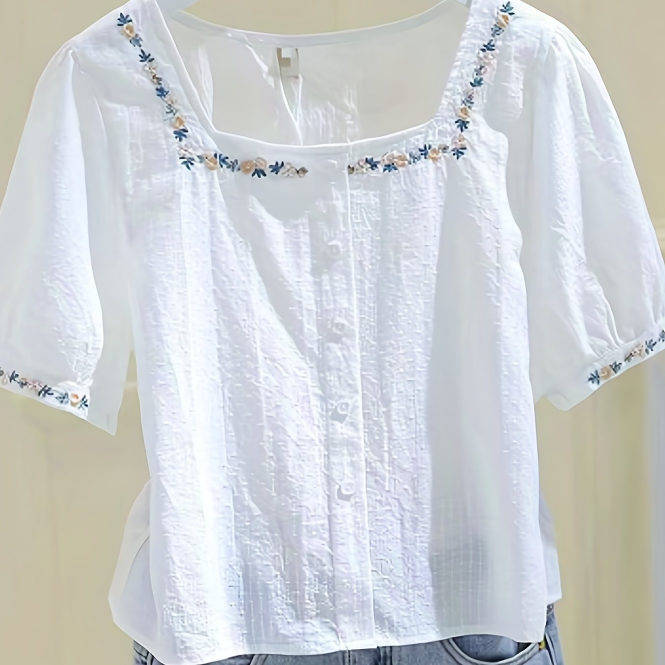 Floral Pattern Square Neck Blouse, Elegant Short Sleeve Blouse For Spring & Summer, Women??s Clothing - Image 2