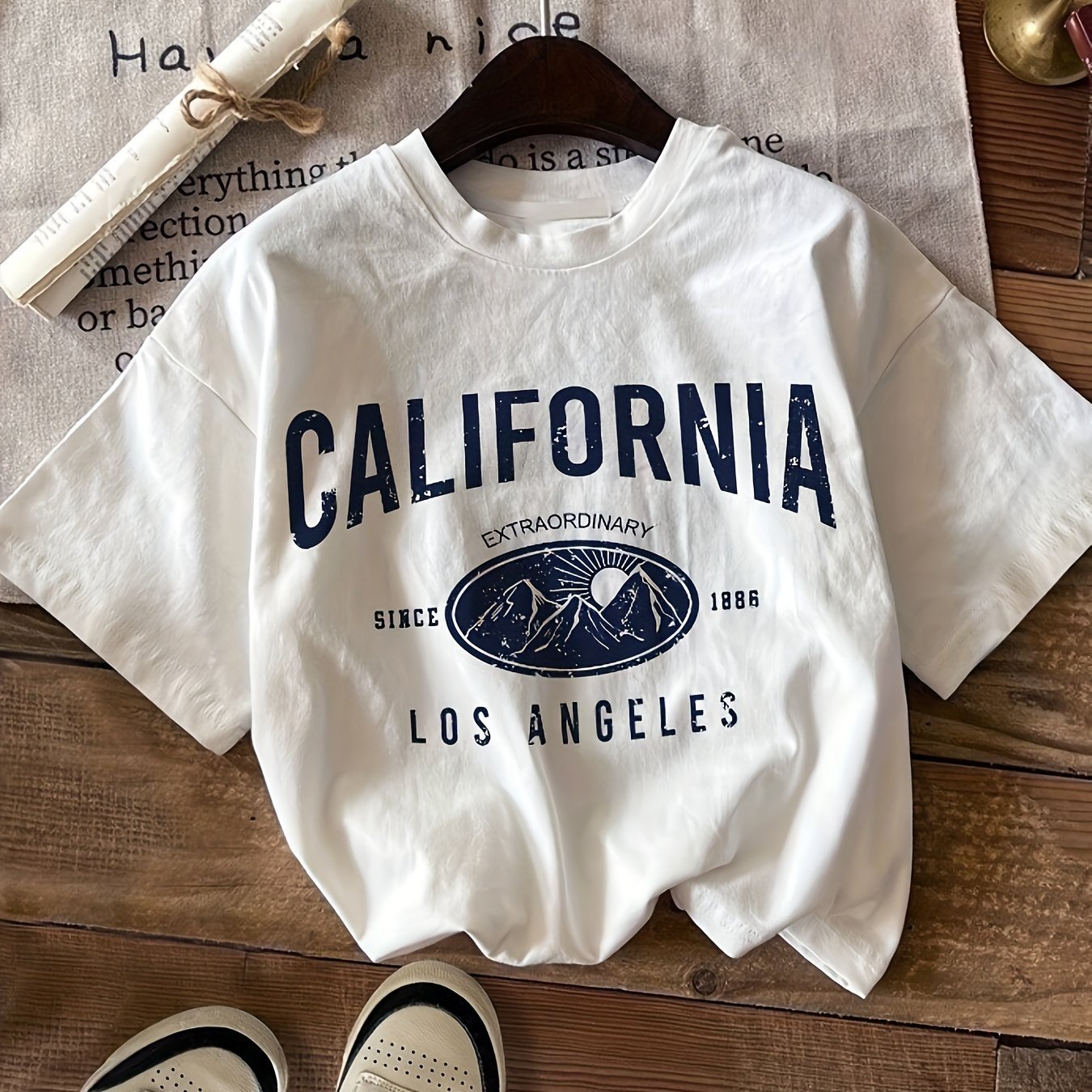 Letter & Mountain Print T-shirt, Short Sleeve Crew Neck Casual Top For Summer & Spring, Women??s Clothing - Image 2