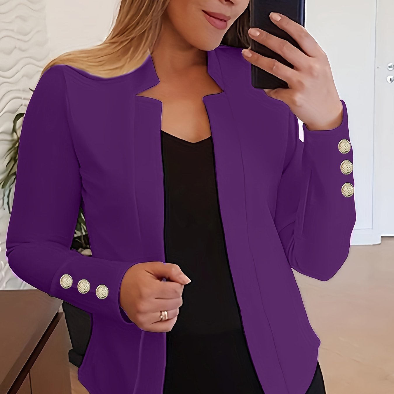 Solid Open Front Blazer, Casual Long Sleeve Button Blazer For Office & Work, Women??s Clothing - Image 12