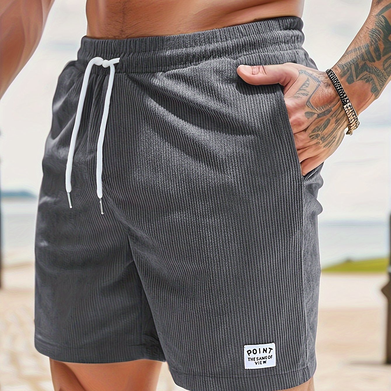 Men??s Label Patchwork Regular Fit Solid Shorts With Drawstring And Pockets, Casual And Chic Shorts For Summer Beach And Daily Leisurewear - Image 14
