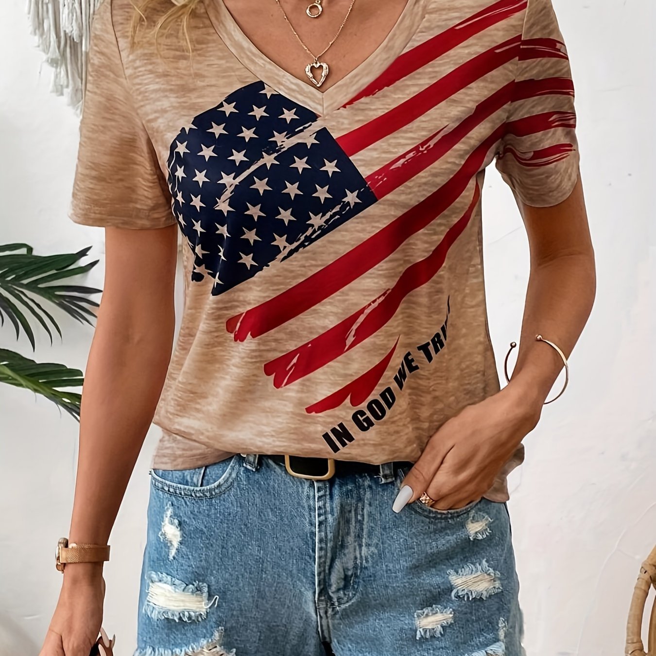 American Flag Print V Neck T-shirt, Short Sleeve Casual Top For Spring & Summer, Women??s Clothing - Image 3