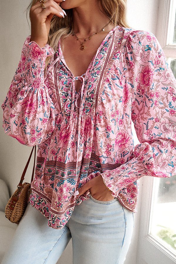 V Neck Floral Print Long Sleeve Casual Tops - Image 3