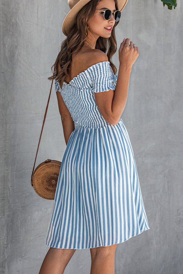 Smocked Chest Bardot Stripe Print Mini Dress - Image 6