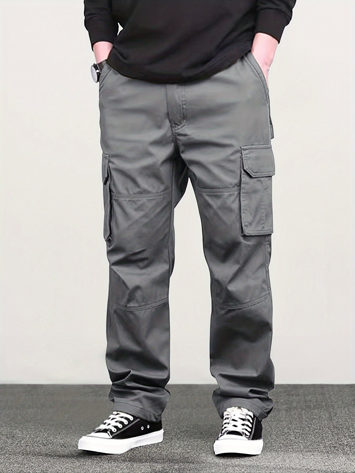 Men??s Classic Solid Color Cargo Pants with Multiple Flap Pockets, Straight-Leg, Drawstring Waist, Loose Fit for Hiking, Fishing, Streetwear, and Outdoor Camping Casual Style - Image 9