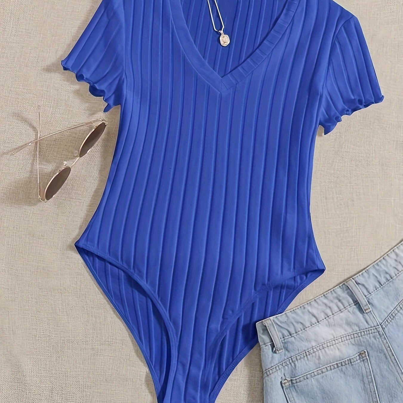 Solid V Neck Rib Knit Bodysuit, Casual Short Sleeve Basic Bodysuit, Women??s Clothing - Image 5