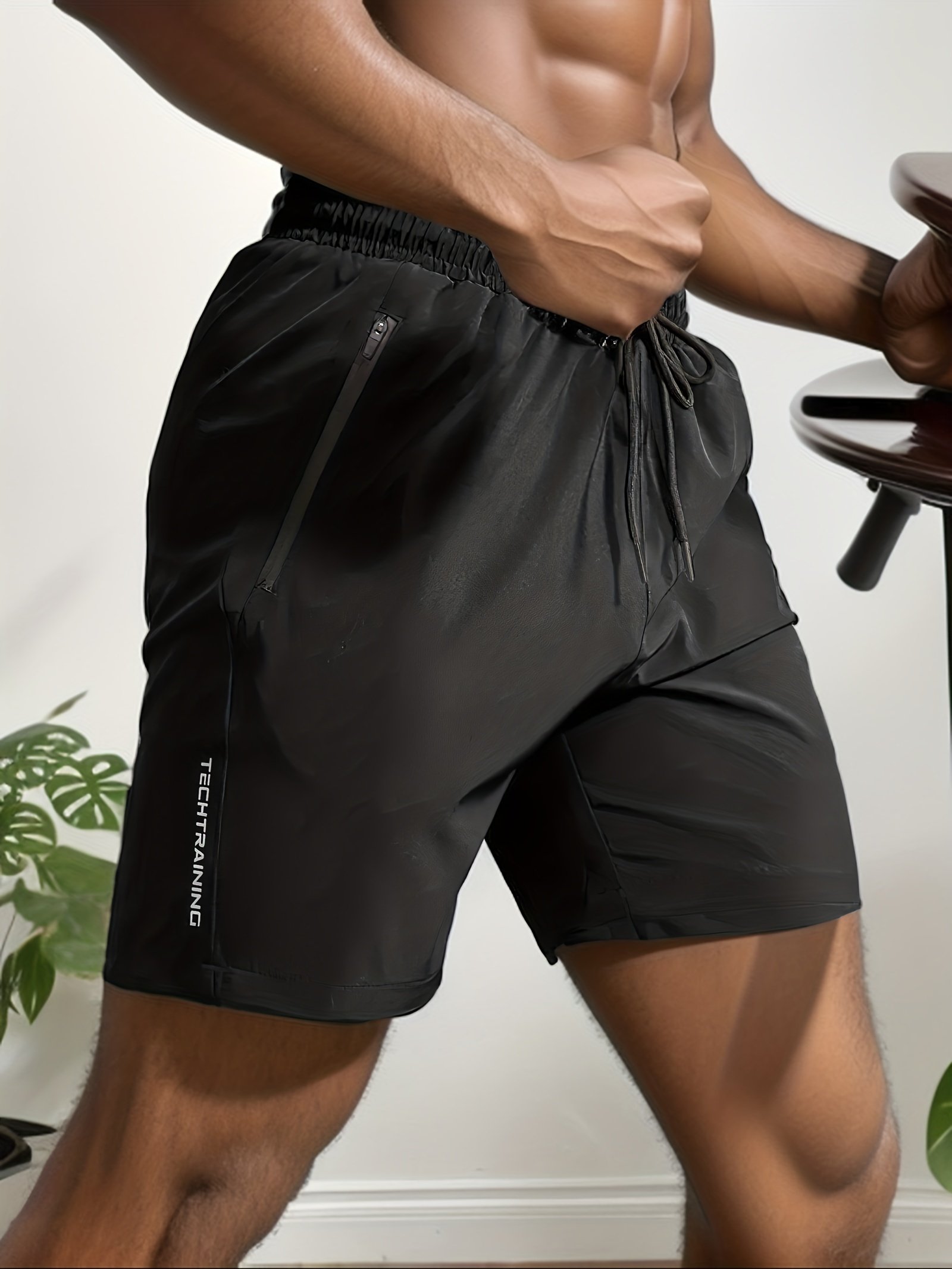 Quick Drying Comfy Active Shorts, Men??s Casual Zipper Pockets Stretch Waist Drawstring Shorts For Summer Gym Workout Training