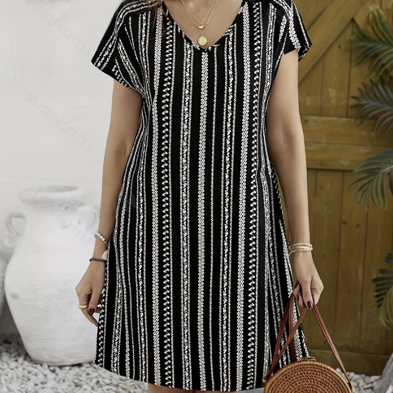 Allover Print V-neck Dress, Vacation Short Sleeve Dress For Summer & Spring, Women??s Clothing - Image 2