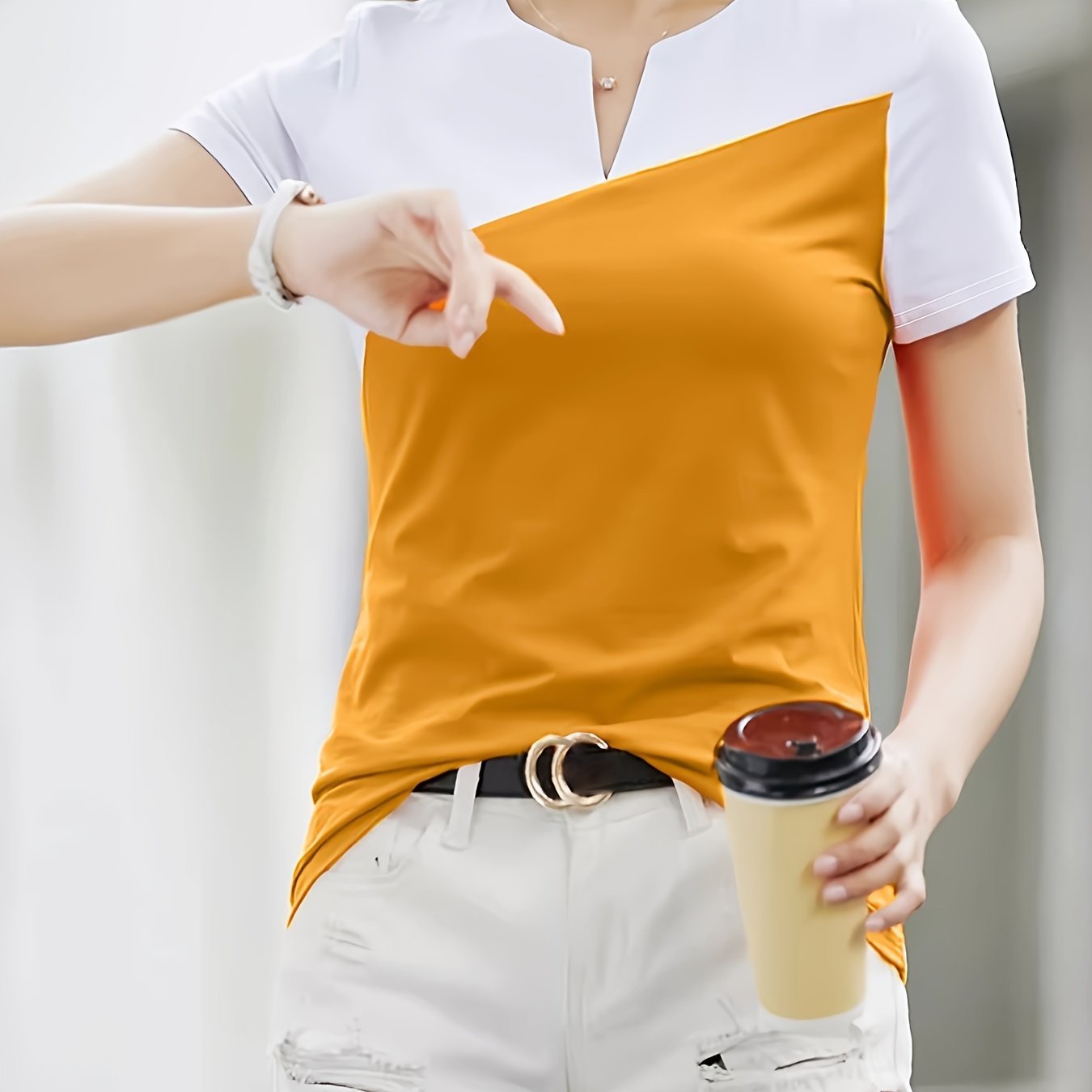 Color Block Notched Neck T-Shirt, Chic Short Sleeve T-Shirt For Spring & Summer, Women??s Clothing - Image 2