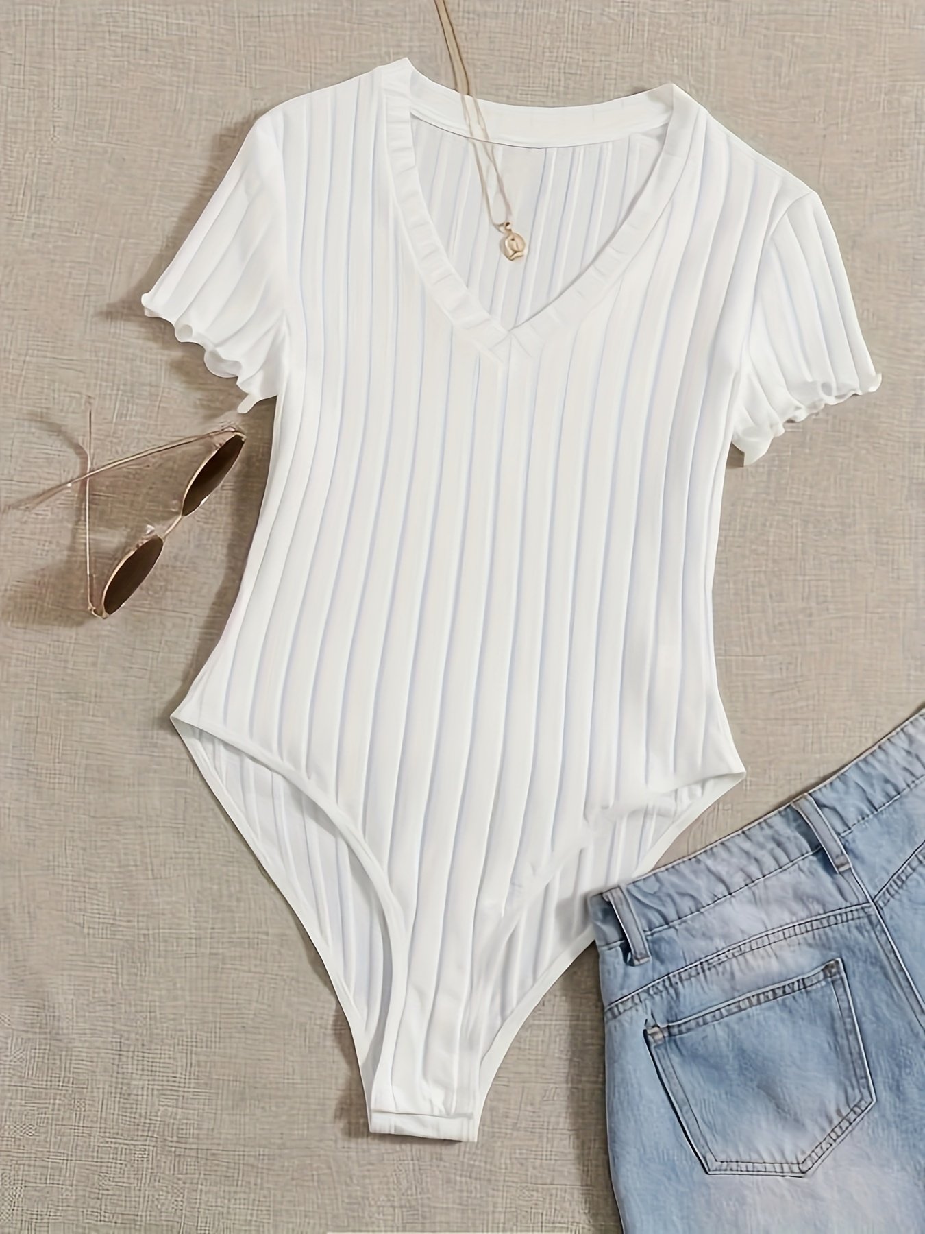 Solid V Neck Rib Knit Bodysuit, Casual Short Sleeve Basic Bodysuit, Women??s Clothing
