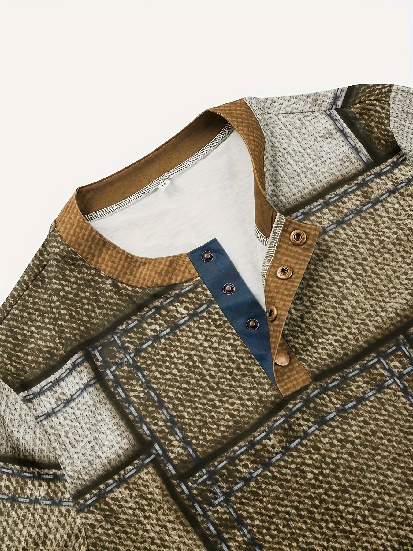 Men??s 3D Digital Denim Patchwork Pieces Pattern Print T-shirt With Buttoned Henley Neck And Short Sleeve, Casual And Chic Tops For Summer Outdoors Wear - Image 7