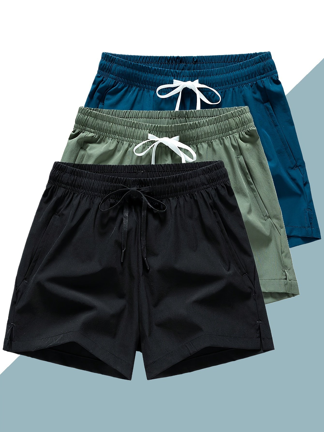 3 Pcs Men??s Loose Solid Shorts With Pockets, Casual Elastic Waist High Stretch Drawstring Shorts For Summer - Image 3