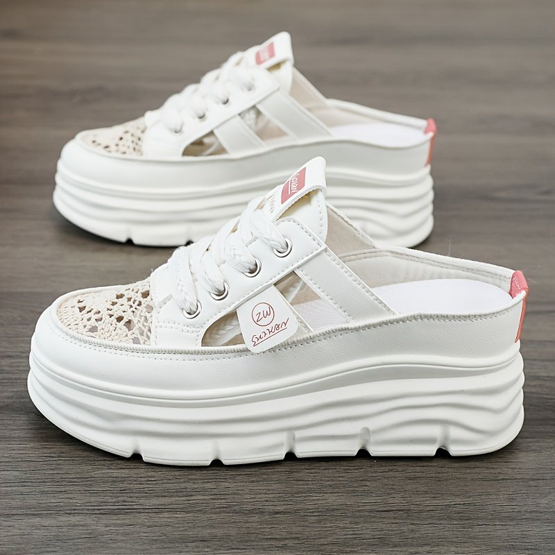 Women??s Breathable Platform Mule Sneakers, Casual Cutout Design Lace Up Shoes, Comfortable Summer Shoes - Image 5