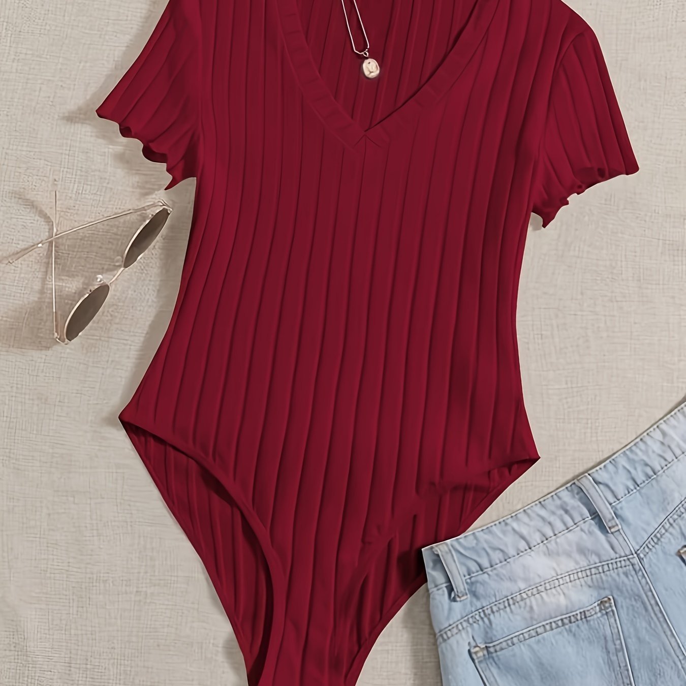 Solid V Neck Rib Knit Bodysuit, Casual Short Sleeve Basic Bodysuit, Women??s Clothing - Image 3