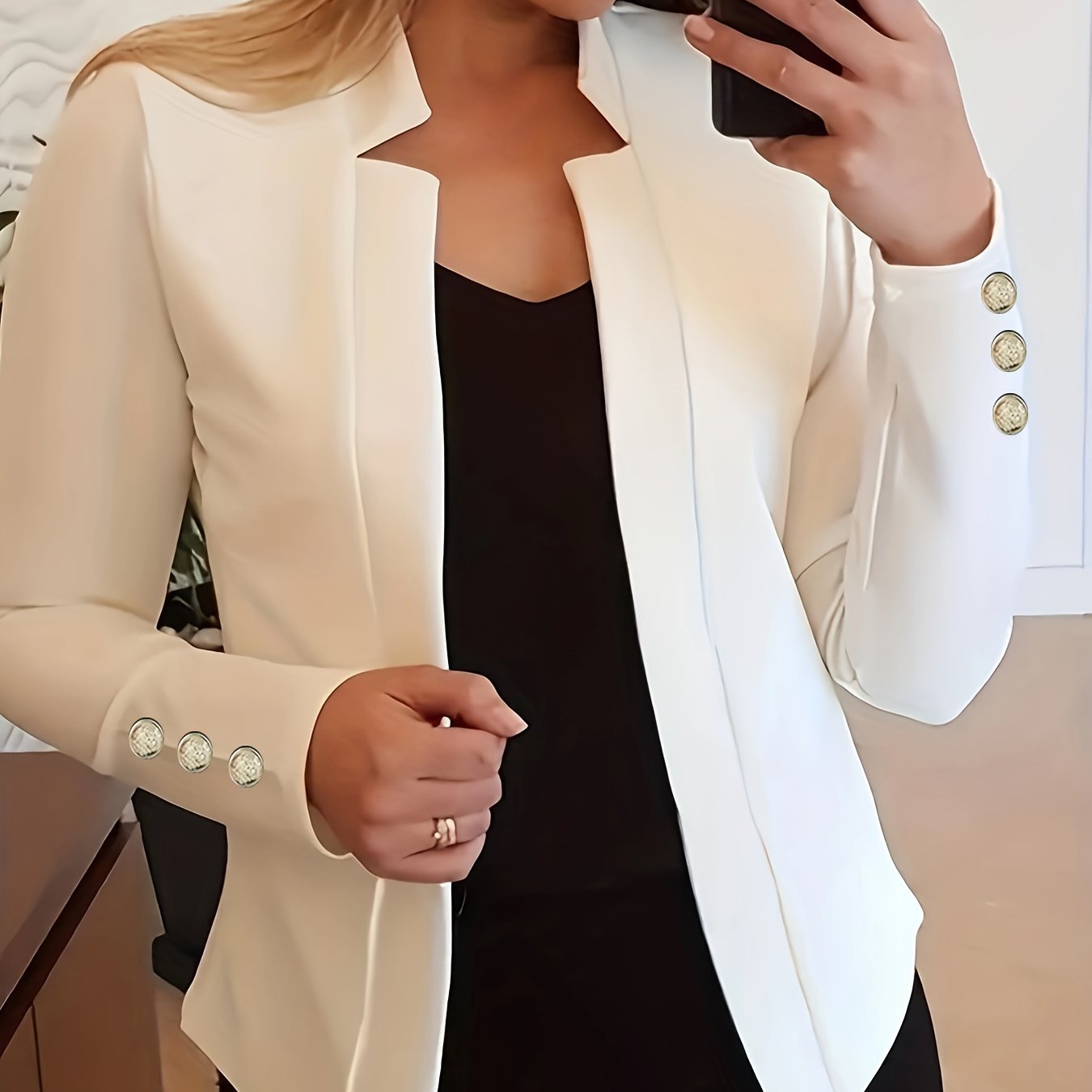 Solid Open Front Blazer, Casual Long Sleeve Button Blazer For Office & Work, Women??s Clothing - Image 14