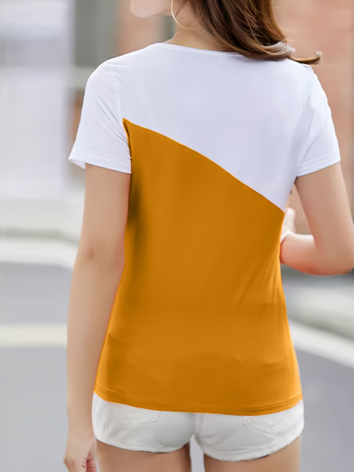 Color Block Notched Neck T-Shirt, Chic Short Sleeve T-Shirt For Spring & Summer, Women??s Clothing - Image 5