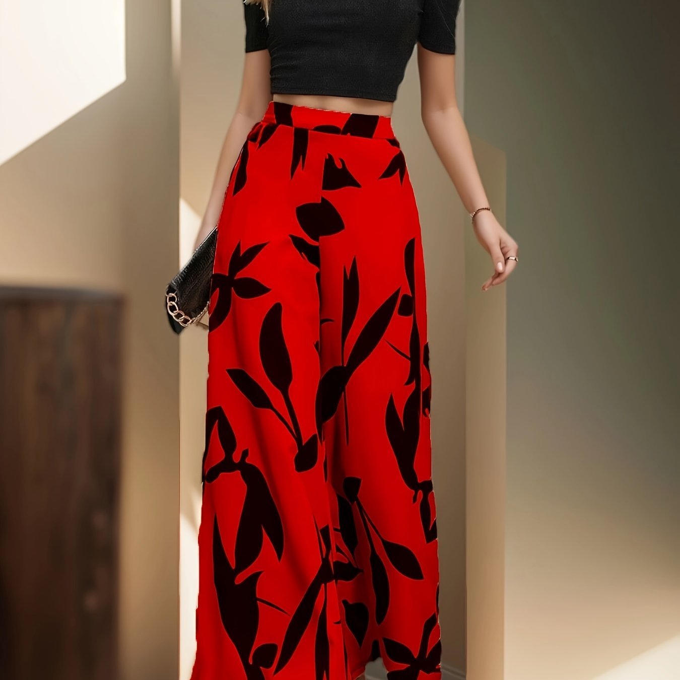 Elegant Two-piece Pantsuits Set, Solid Color Crew Neck T-shirt & Leaf Print Wide Leg Pants Outfits, Women??s Clothing - Image 2