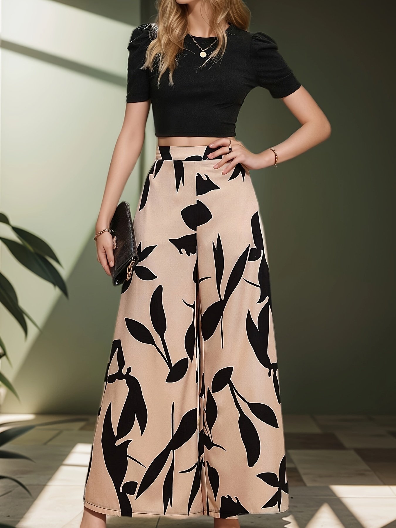 Elegant Two-piece Pantsuits Set, Solid Color Crew Neck T-shirt & Leaf Print Wide Leg Pants Outfits, Women??s Clothing - Image 7