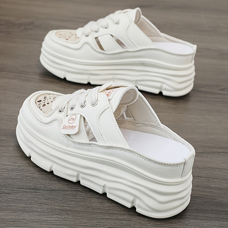 Women??s Breathable Platform Mule Sneakers, Casual Cutout Design Lace Up Shoes, Comfortable Summer Shoes - Image 4