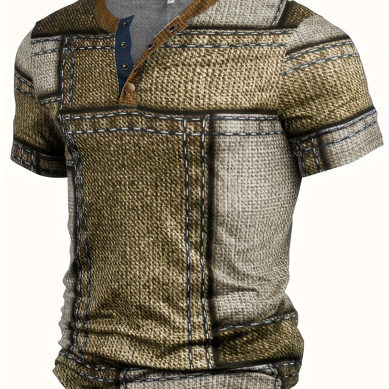 Men??s 3D Digital Denim Patchwork Pieces Pattern Print T-shirt With Buttoned Henley Neck And Short Sleeve, Casual And Chic Tops For Summer Outdoors Wear - Image 4