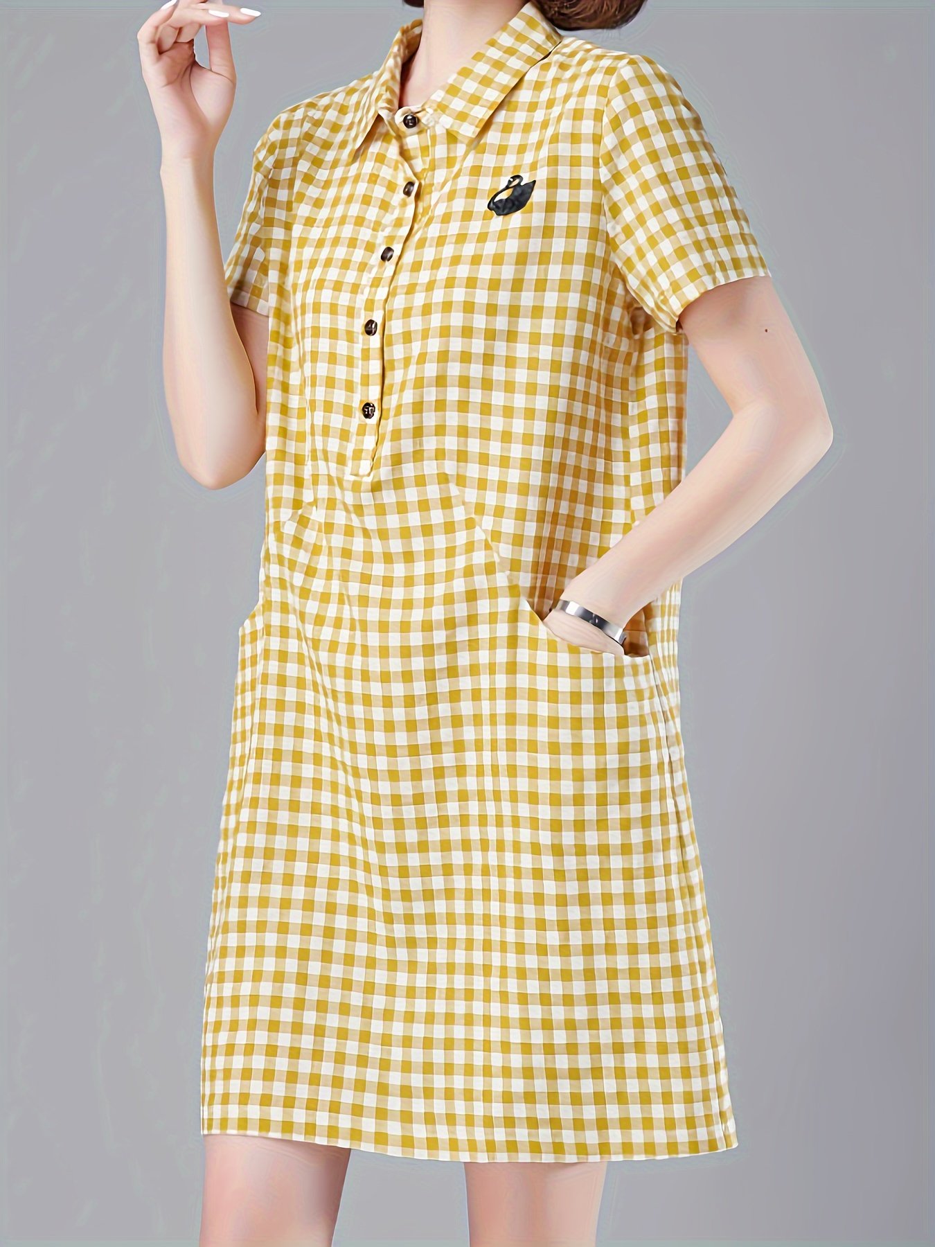 Plaid Print Button Up With Pocket Dress, Casual Short Sleeve Loose Dress For Spring & Summer, Women??s Clothing - Image 3