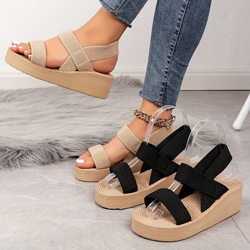Women??s Summer Wedge Sandals, Casual Round Open Toe Elastic Band Shoes, Comfortable Slip On Beach Sandals - Image 6