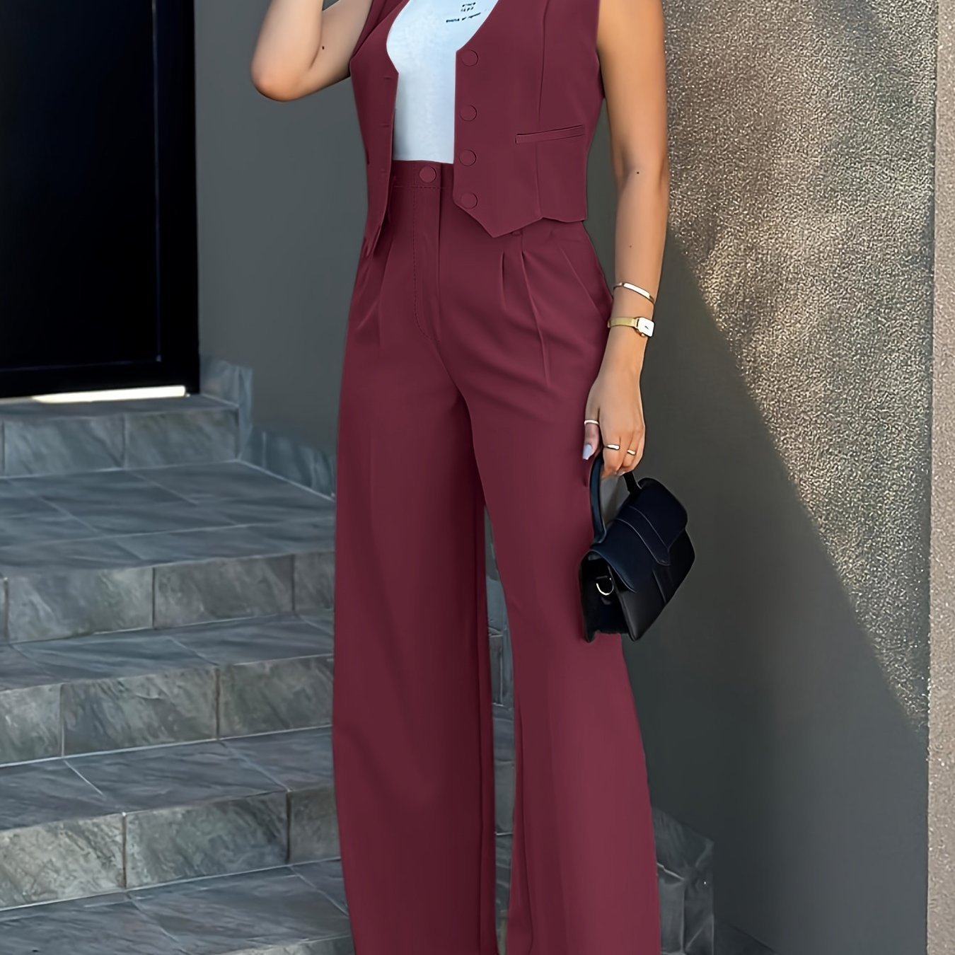Solid Two-piece Set, Elegant Button Front Vest & Wide Leg Pants Outfits, Women??s Clothing - Image 4