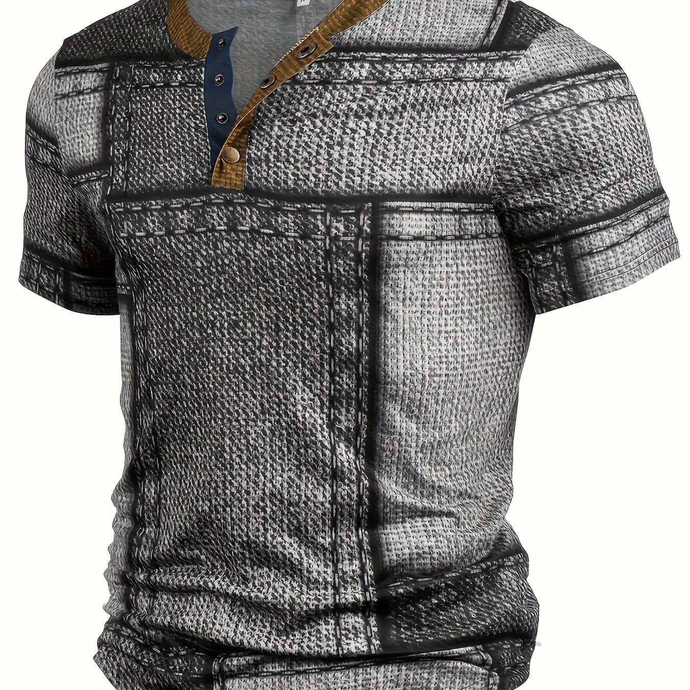 Men??s 3D Digital Denim Patchwork Pieces Pattern Print T-shirt With Buttoned Henley Neck And Short Sleeve, Casual And Chic Tops For Summer Outdoors Wear - Image 2