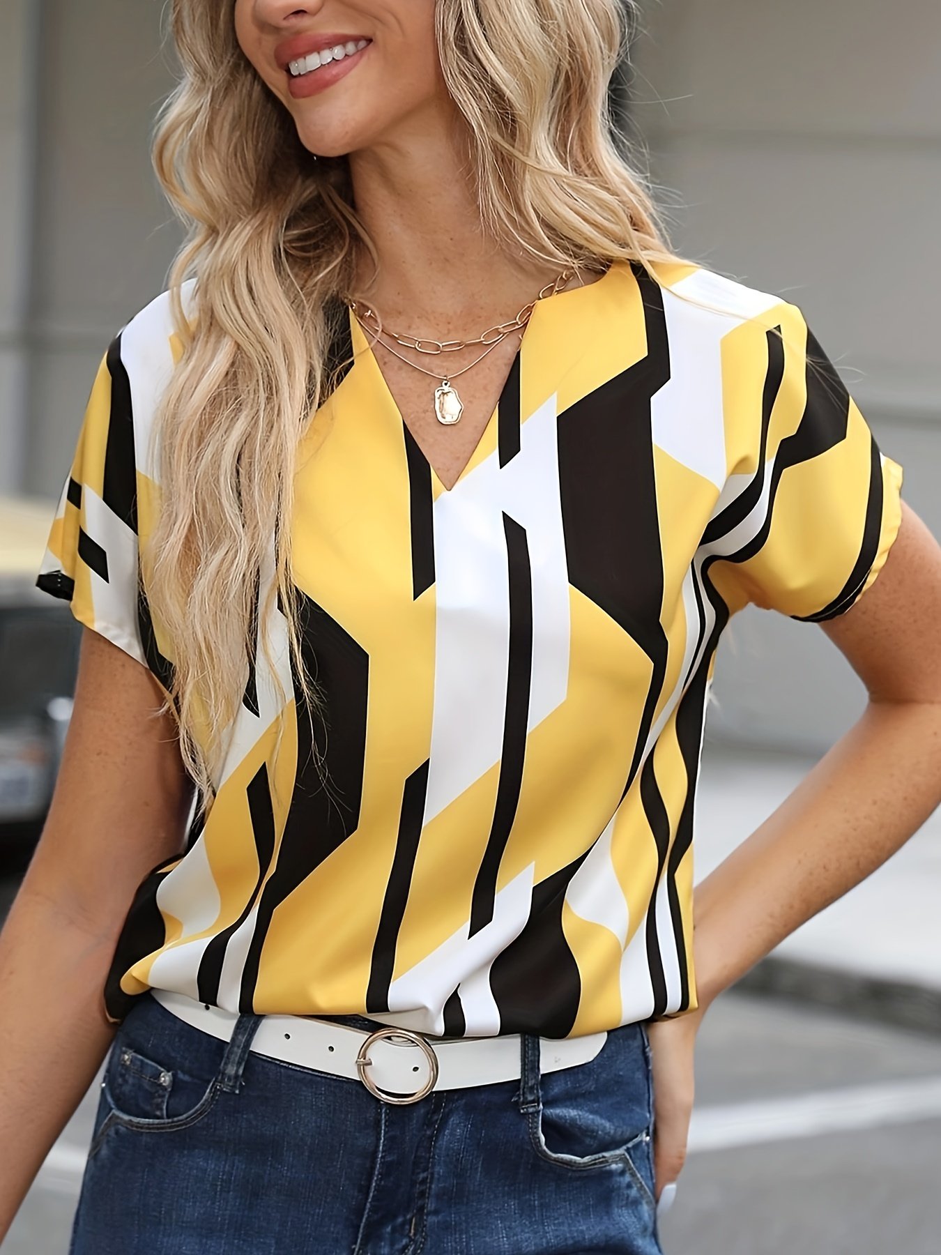 Color Block Graphic Print Blouse, Notched Neck Casual Short Sleeve Blouse, Women??s Clothing