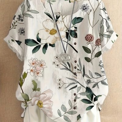 Floral Print Crew Neck T-Shirt, Casual Short Sleeve T-Shirt For Spring & Summer, Women??s Clothing
