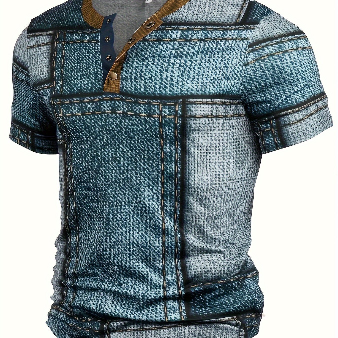 Men??s 3D Digital Denim Patchwork Pieces Pattern Print T-shirt With Buttoned Henley Neck And Short Sleeve, Casual And Chic Tops For Summer Outdoors Wear - Image 3
