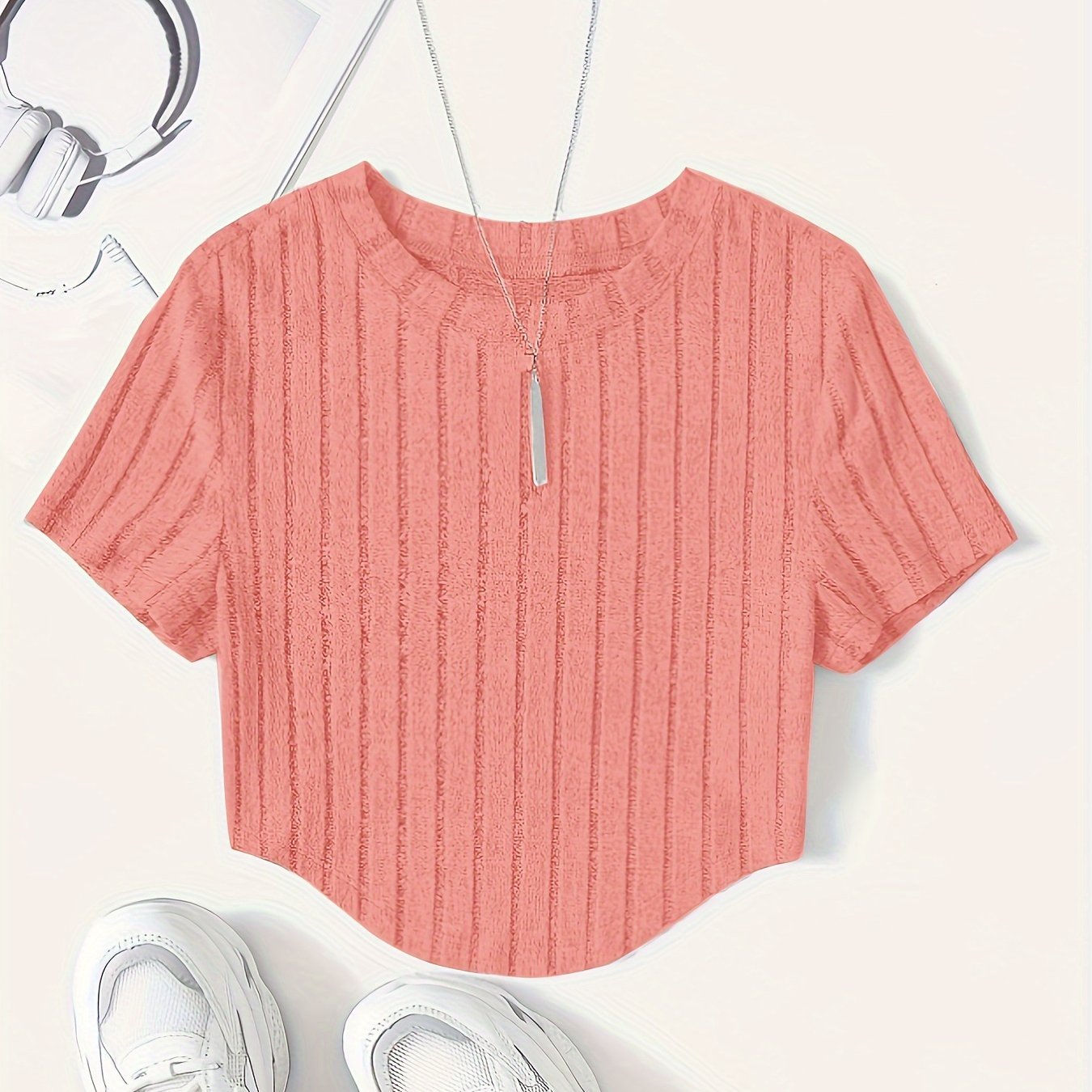 Solid Ribbed Crop T-Shirt, Casual Crew Neck Short Sleeve Top, Women??s Clothing - Image 4