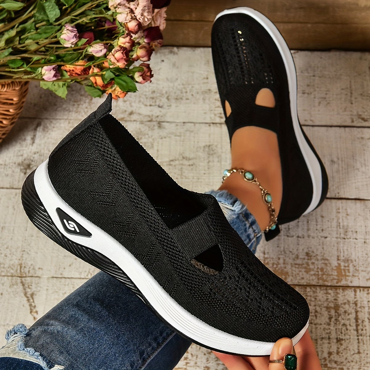 Women??s Cut-out Sneakers, Casual Breathable Slip On Walking Shoes, Lightweight Outdoor Flat Shoes - Image 10