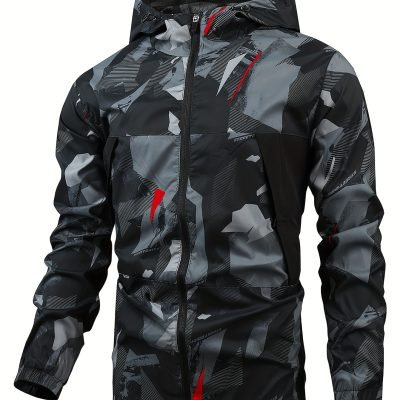 Geometric Pattern Design Men??s Color Blocked Zip Up Hooded Indbreaker, Suitable For Outdoor Hiking, Camping And Travel In All Seasons