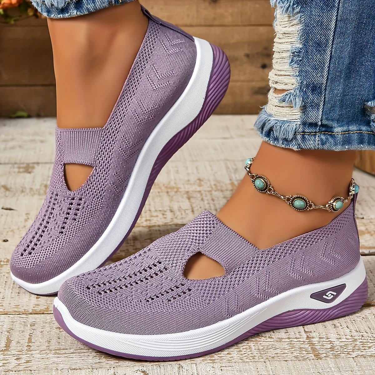 Women??s Cut-out Sneakers, Casual Breathable Slip On Walking Shoes, Lightweight Outdoor Flat Shoes - Image 5