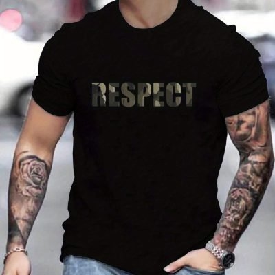 Letter RESPECT Pattern Print Men??s T-shirt, Graphic Tee Men??s Summer Clothes, Men??s Outfits
