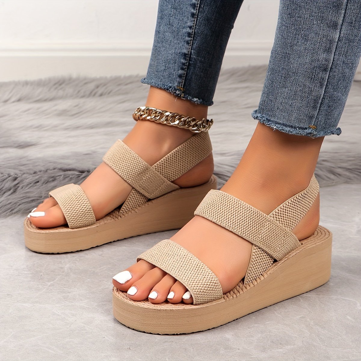 Women??s Summer Wedge Sandals, Casual Round Open Toe Elastic Band Shoes, Comfortable Slip On Beach Sandals - Image 5