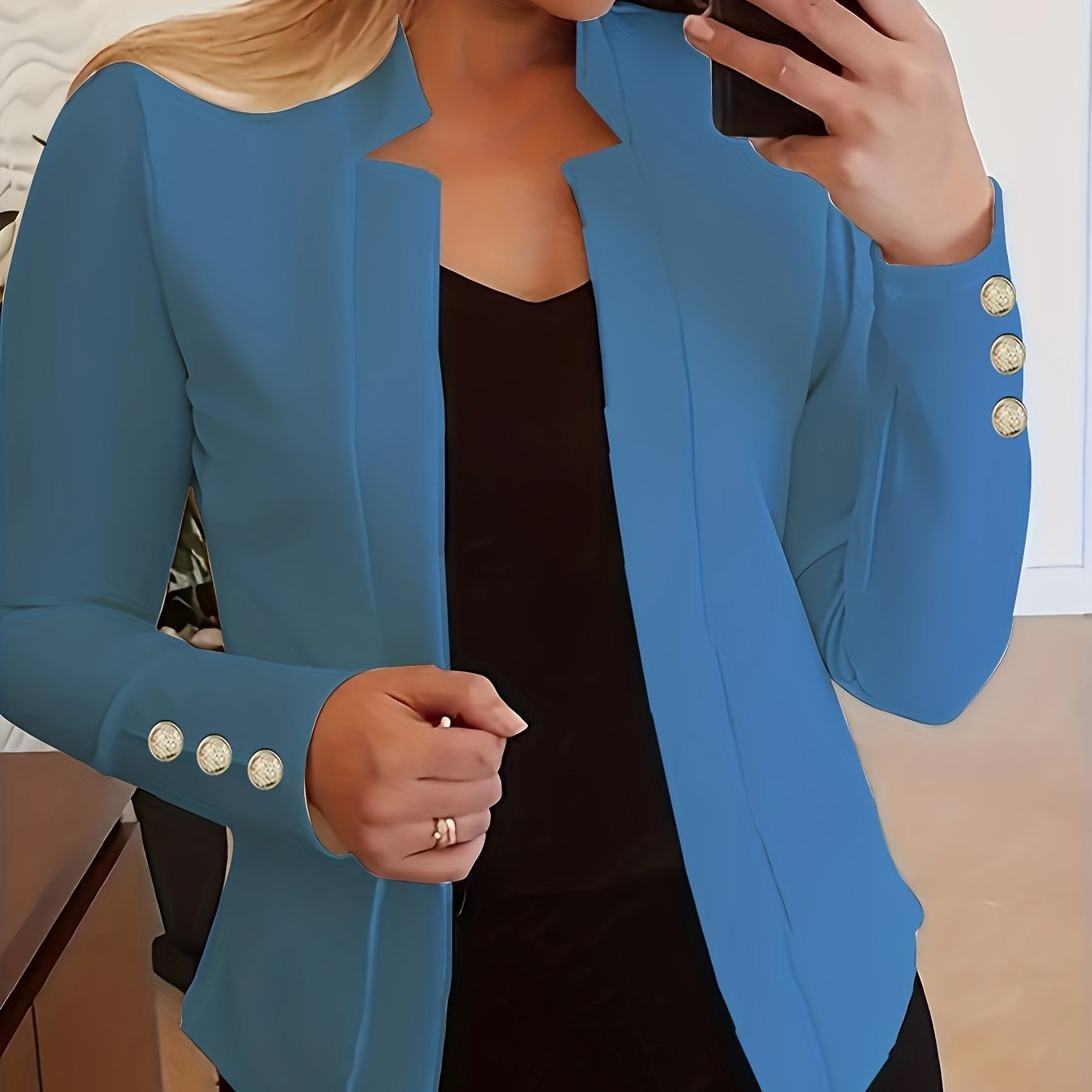Solid Open Front Blazer, Casual Long Sleeve Button Blazer For Office & Work, Women??s Clothing - Image 8