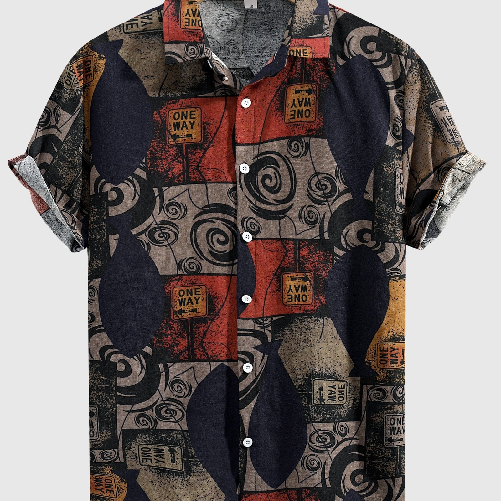 Men??s Stylish Loose Cotton Blend Geometric Print Shirt, Casual Breathable Lapel Button Up Short Sleeve Shirt For Summer Outdoor Activities - Image 6