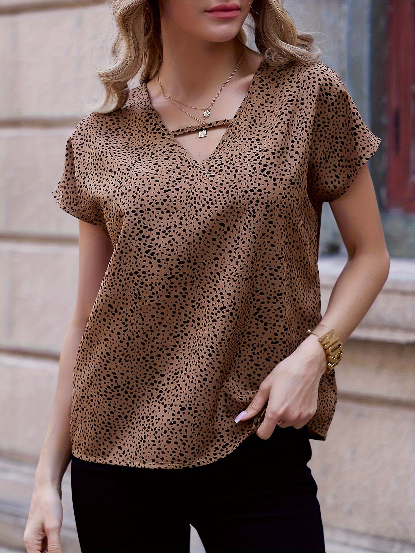Dalmatian Print V Neck Blouse, Casual Short Sleeve Top For Spring & Summer, Women??s Clothing - Image 8