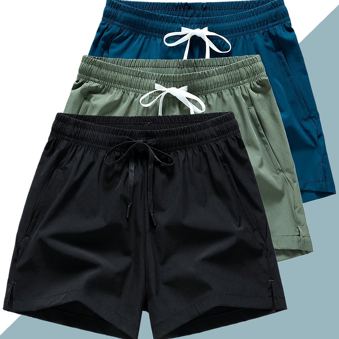 3 Pcs Men??s Loose Solid Shorts With Pockets, Casual Elastic Waist High Stretch Drawstring Shorts For Summer - Image 2