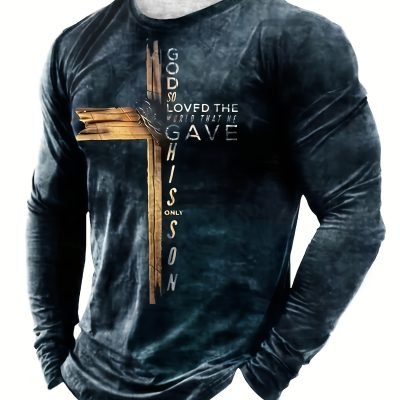 Classic Cross And Letter Print Men??s Creative Long Sleeve Crew Neck T-shirt For Spring Fall, Gift For Men
