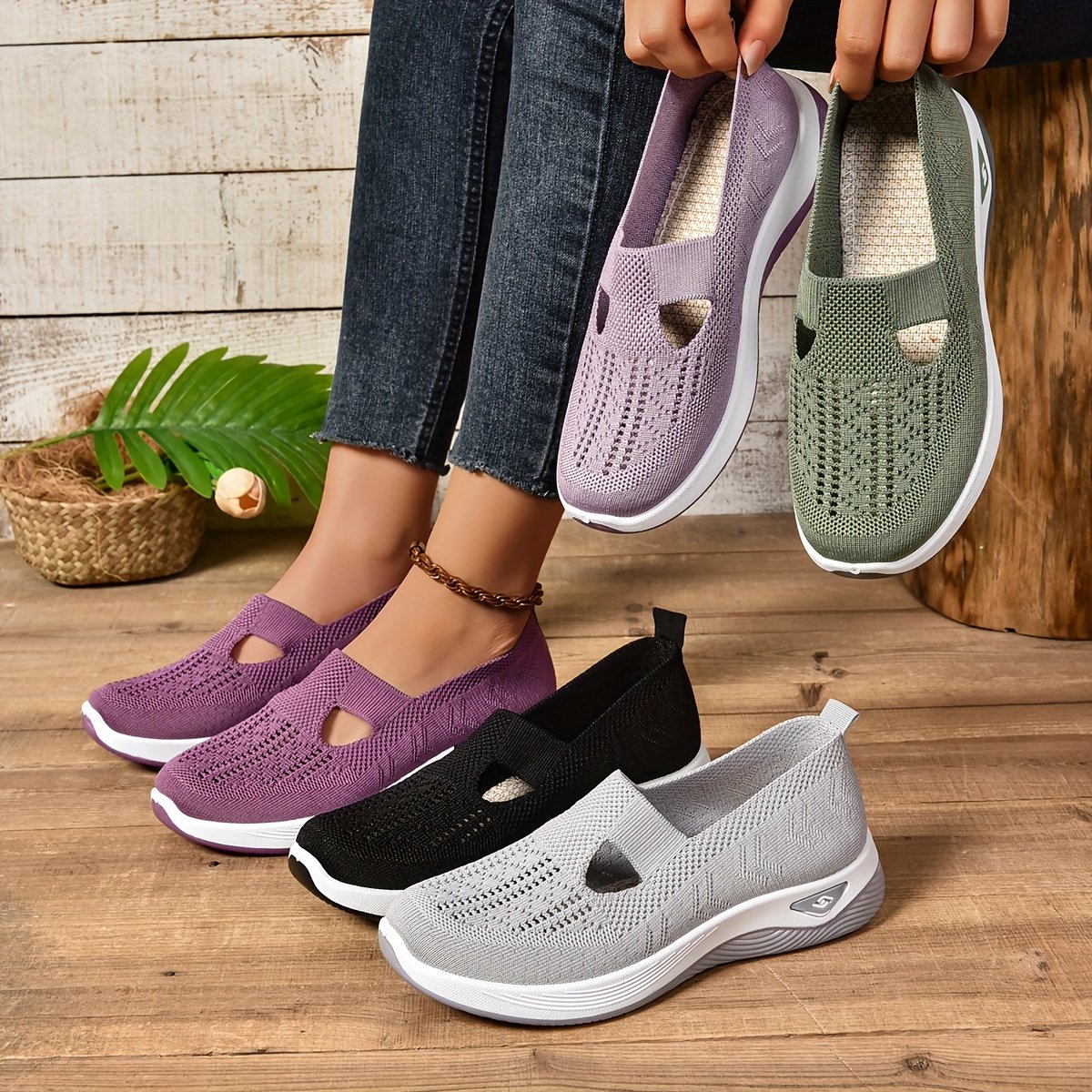 Women??s Cut-out Sneakers, Casual Breathable Slip On Walking Shoes, Lightweight Outdoor Flat Shoes - Image 12